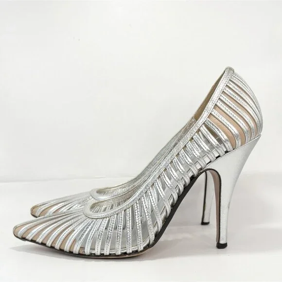 Gucci Silver Leather Heels Laser Cut Stripe Metallic Y2K Vintage Sz EU 36.5C 6.5 - Picture 2 of 10